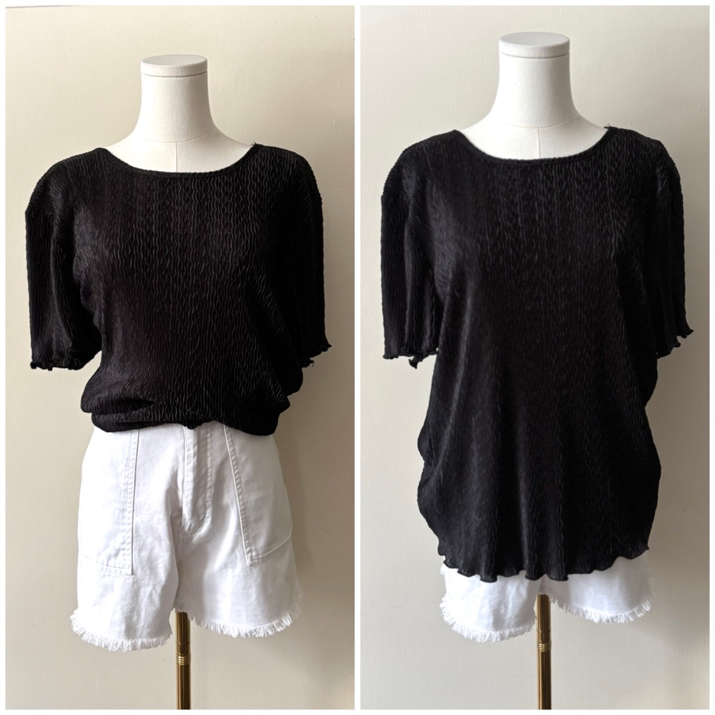 90s Traditions Black Short Sleeve Crinkle Texture Scalloped Edge Top Sz Large